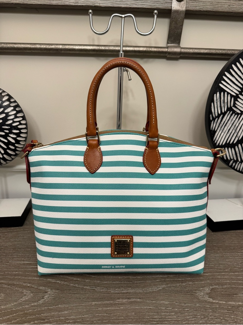 Dooney & Bourke Teal and White Striped Dome Satchel with Tan Leather Trim.